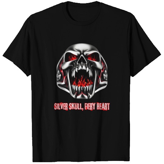 silver skull FIERY HEART T Shirts