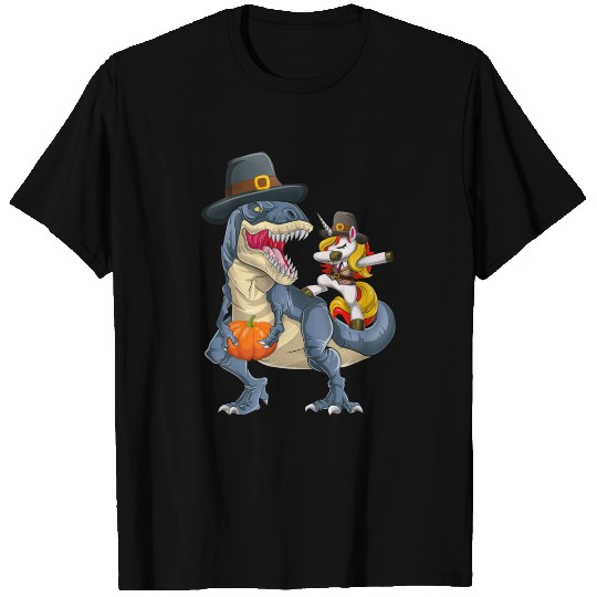 Funny Thanksgiving Dabbing Unicorn Riding Dinosaur T Shirts
