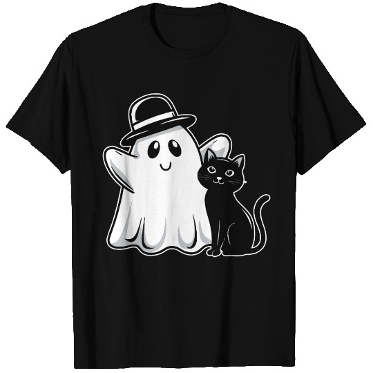 cute ghost and black cat halloween T Shirts