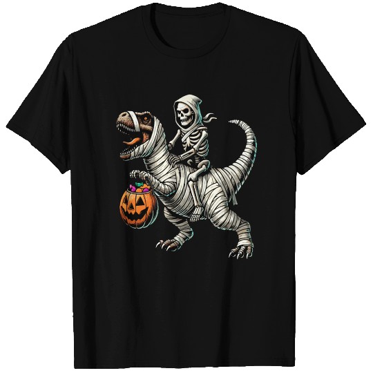Skeleton Riding Mummy Dinosaur T rex Halloween T Shirts
