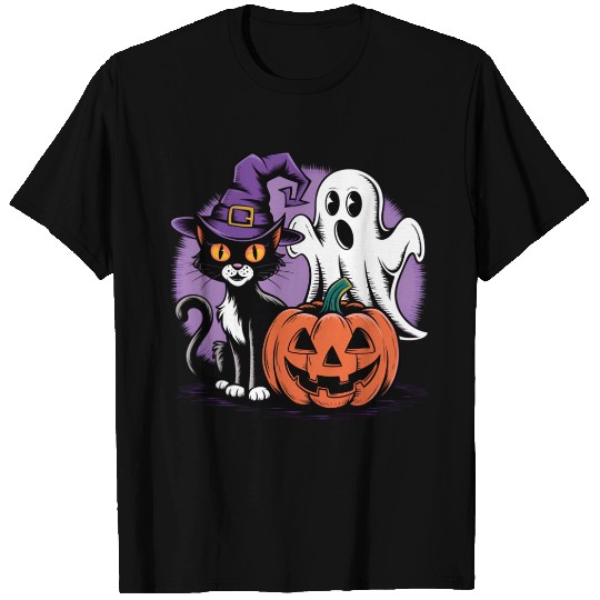 Spooky Black Cat Pumpkin boo ghost Halloween T Shirts