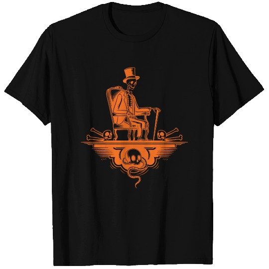 Skeleton Top Hat One Legged In Chair Design Orange T Shirts