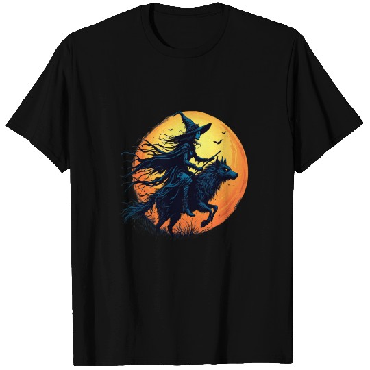 Halloween Witch Riding a Wolf Under Full Moon T Shirts