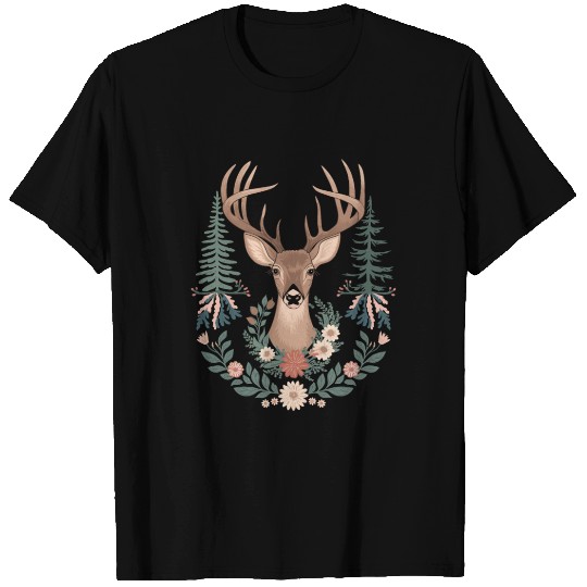 Cottagecore Deer with Floral Wreath and Evergreen T Shirts