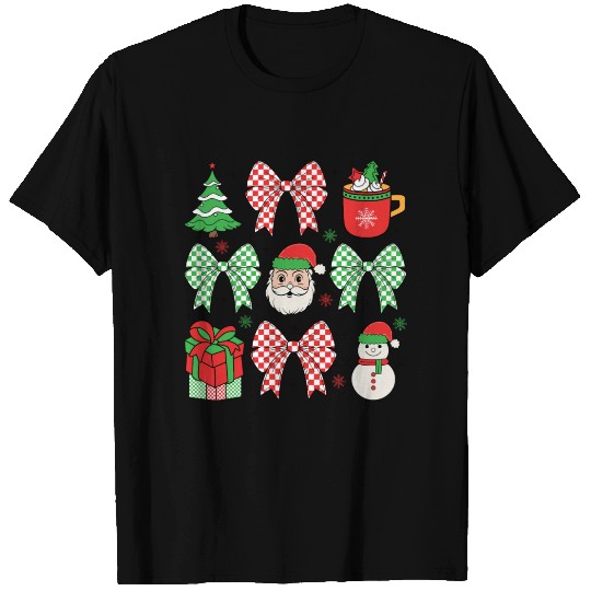 Retro Christmas Coquette Bow Santa Family Design T Shirts