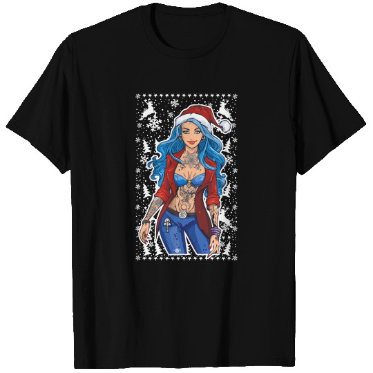03 Sexy Christmas Woman Blue Hear Deer Tattoos T Shirts