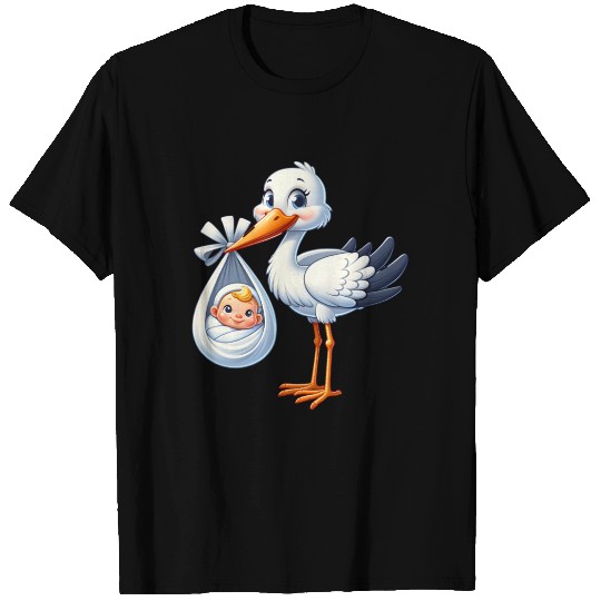 Adorable Stork with Newborn Baby Illustration - T Shirts