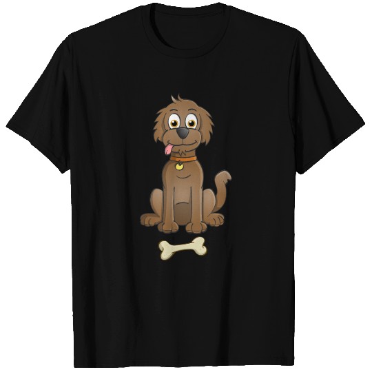 Cheerful brown dog in cartoon style with bone. T Shirts