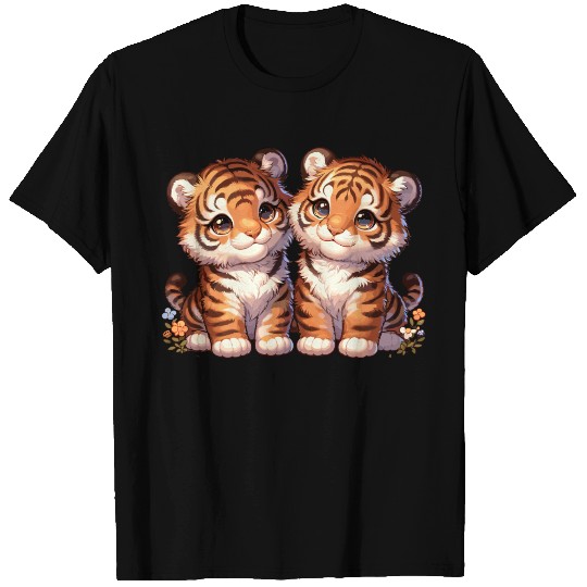Adorable Twin Tiger Cubs Illustration with Flowers T Shirts