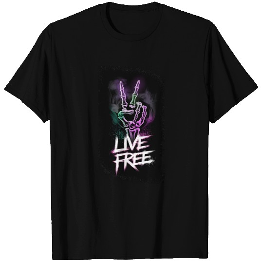 "Live Free Neon Skeleton Hand Design" T Shirts