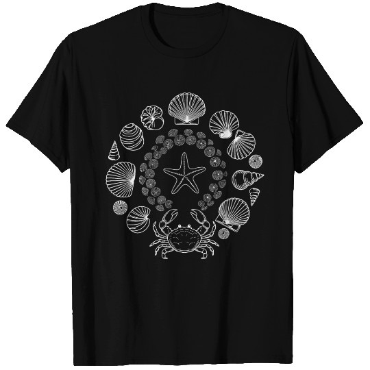 Seashells, Starfish and Crab Circular Design White T Shirts