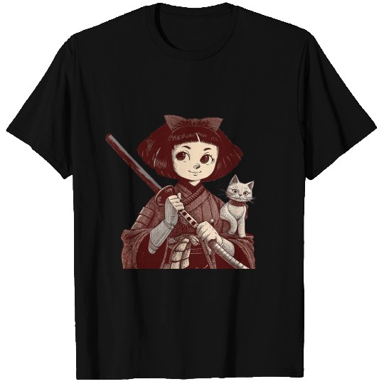 Chibi Samurai Warrior Cat Companion & Blossoms T Shirts