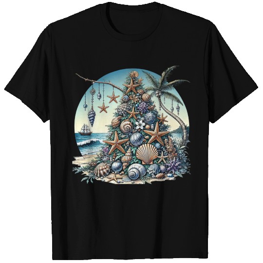 Tropical Christmas Tree with Seashells and Starfi T Shirts