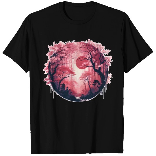 Serene Sakura Under Crimson Sun T Shirts