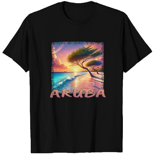 Aruba Eagle Beach Sunset Palm Trees Grunge T Shirts