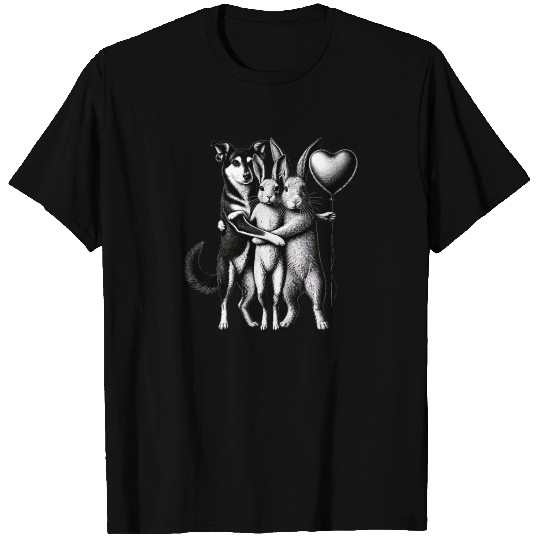 Heartfelt Valentine - Dog and Bunnies Love Embrace T Shirts