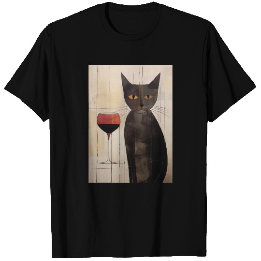 Black cat and glass of red wine T Shirts