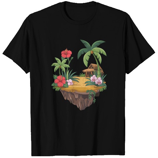Tropical Island Hut Hibiscus and Orchids T Shirts