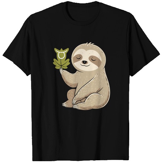 Taurus Zodiac Sloth with Leaf Symbol Serenity T Shirts