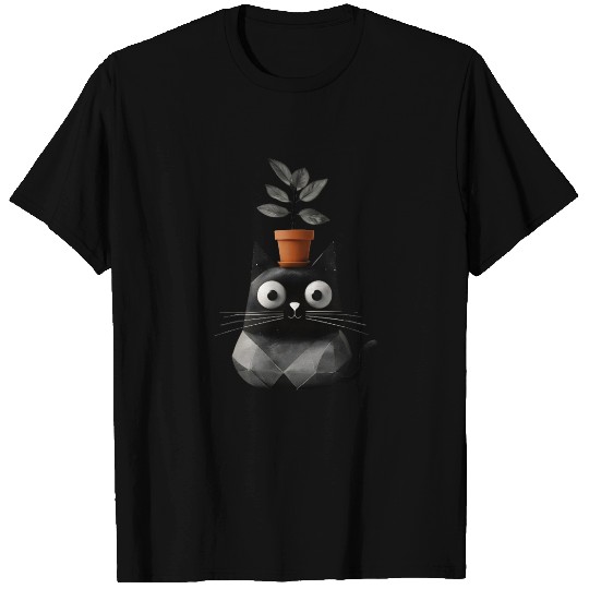 Whimsical Black Cat With Green Plant T Shirts