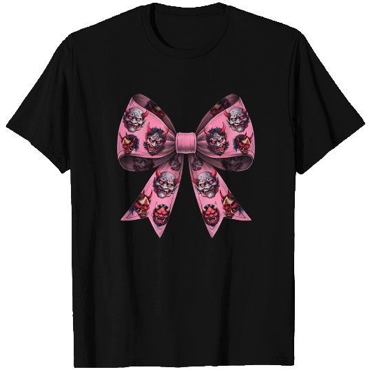 Coquette Bow Oni Yokai Devil Mask Pattern Pink T Shirts