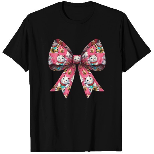 Coquette Bow Maneki Neko Japanese Cat Lucky Pink T Shirts