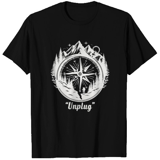 Compass Mountains Hiker, Unplug Nature Adventure T Shirts