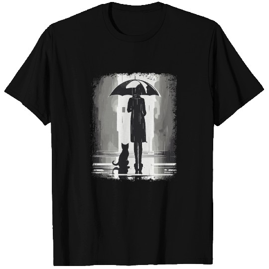 Silent Night Rain with Cat and Umbrella T Shirts