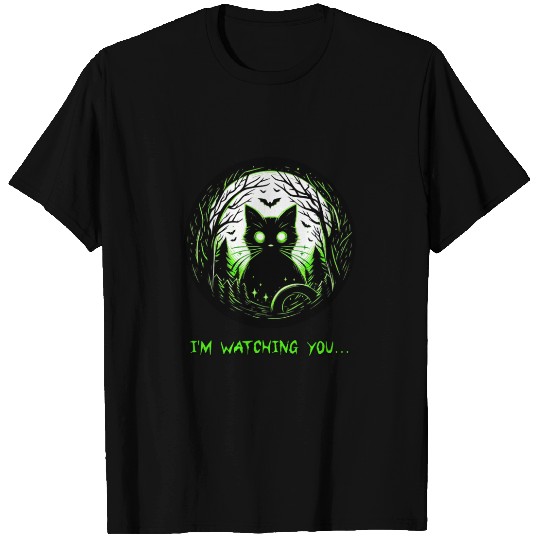 Silhouette Cat with Green Eyes in Spooky Forest T Shirts