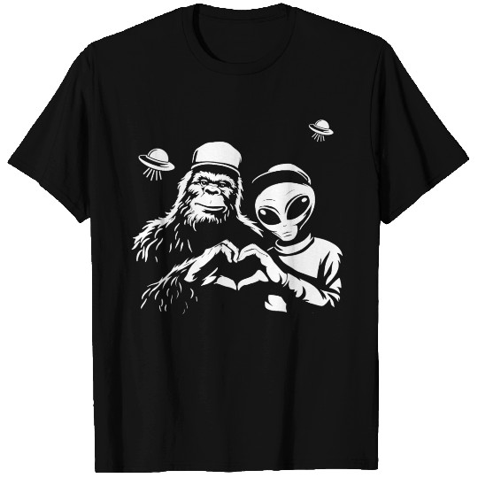 Bigfoot and Alien Making Heart Hands T Shirts