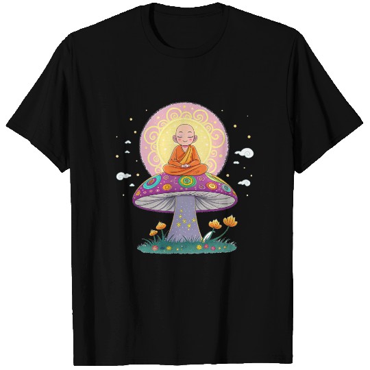 Trippy Japanese Zen Monk Meditating on mushroom T Shirts