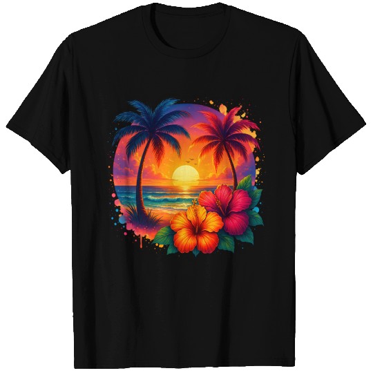 Tropical Sunset Palm Trees and Hibiscus T Shirts
