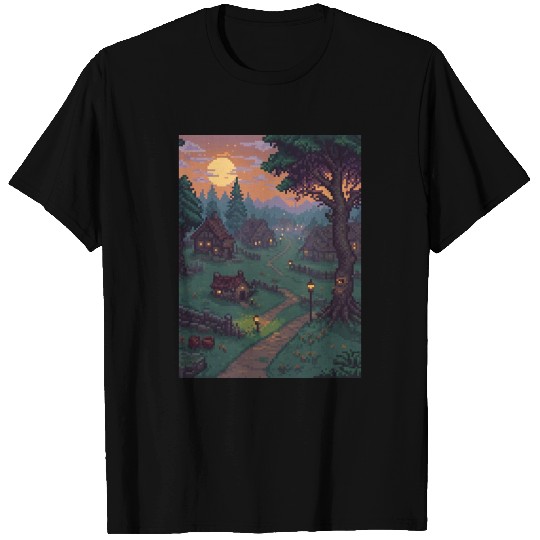 Haunted 16 Bit Village at Dusk Creepy pixelate T Shirts