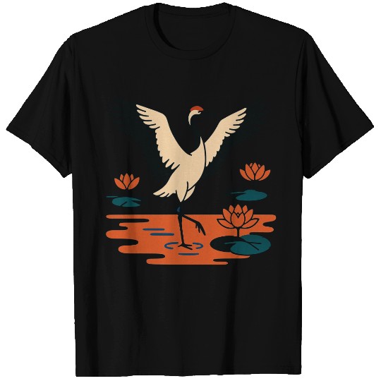 Serene Crane & Lotus Design T Shirts