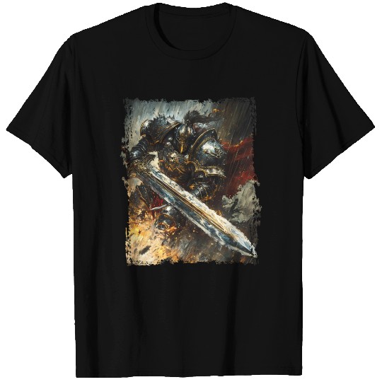 Golden Powerful Knight in Storm with Flaming Sword T Shirts