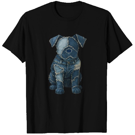 Cute Denim Patchwork Art Dog T Shirts