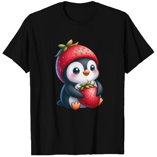 Cute penguin with strawberry cartoon summer fun T Shirts