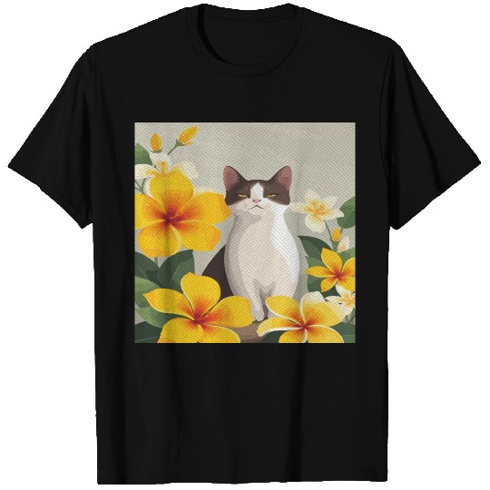 Elegant Cat with Yellow Plumeria Flowers T Shirts