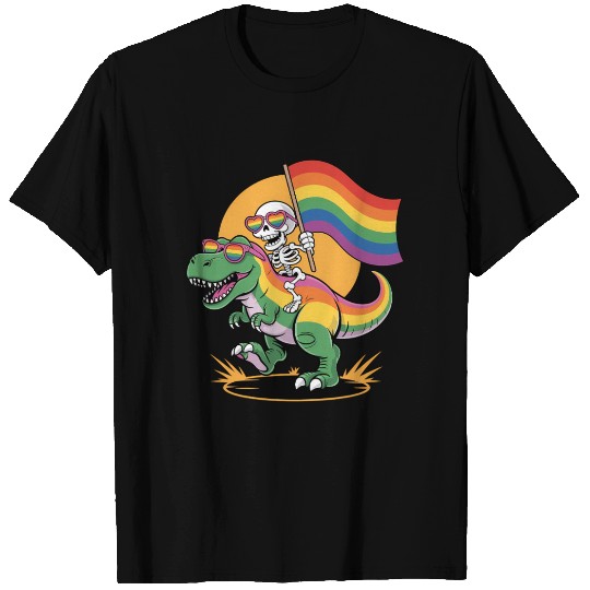 Gay Skeleton Riding Dinosaur Rainbow Gay Pride T Shirts