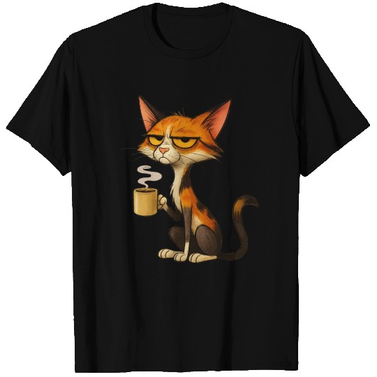 Grumpy Cat with Coffee Illustration T Shirts