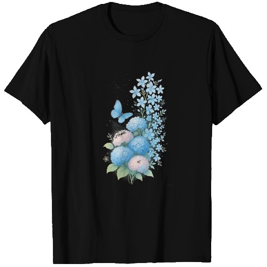 Soft Blue Hydrangea and Butterfly T Shirts
