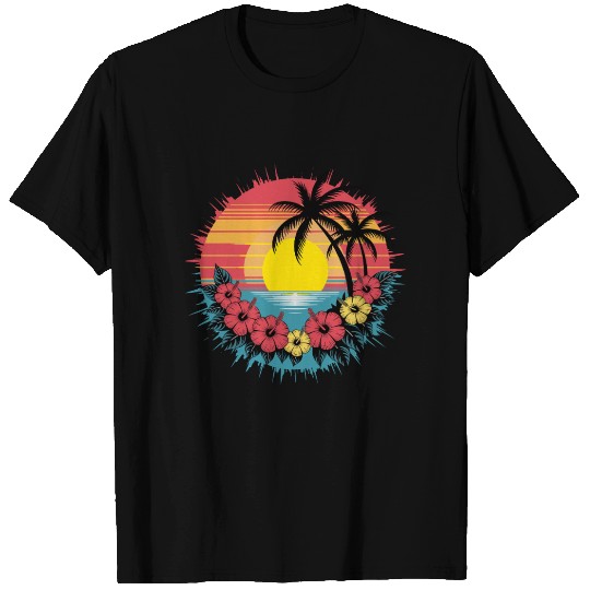 Tropical Sunset Paradise with Hibiscus and Palm T Shirts