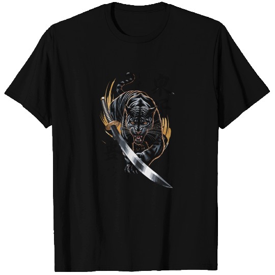 Fierce Black Panther With Samurai Sword T Shirts