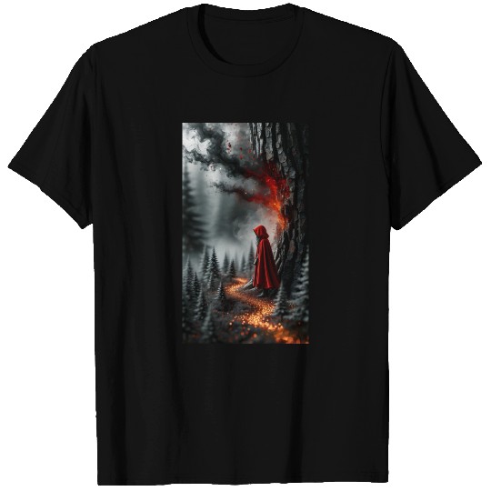 Mystical Red Hooded Figure in Enchanted Forest T Shirts