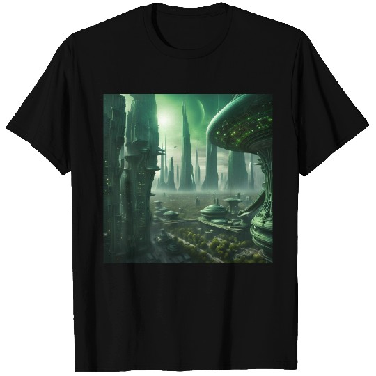 Futuristic Cityscape with Alien Planets T Shirts
