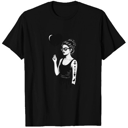 Stylish Woman with Heart Balloon and Tattoos in T Shirts