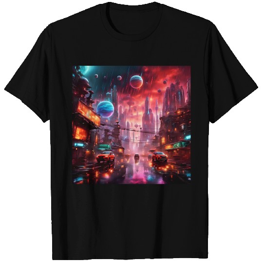 Sci-FI Fantasy Neon Cityscape with Alien Planets T Shirts