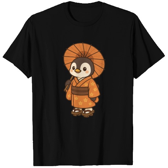 Elegant penguin with umbrella in Japanese clothing T Shirts