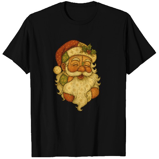 Patchwork Santa Face Vintage Christmas Folk Art T Shirts