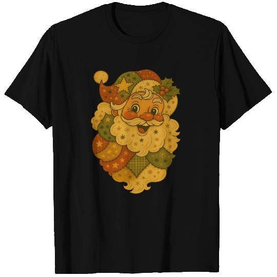 Patchwork Santa Face Vintage Christmas Folk Art T Shirts